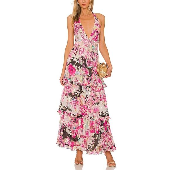 Rococo Sand Pink Halterneck Georgette Metallic Star Long Dress Size M - NWT - Picture 1 of 5